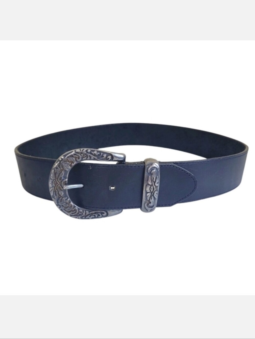 LL Bean Black Leather Belt W Floral Silver Buckle 30 Small Western Boho